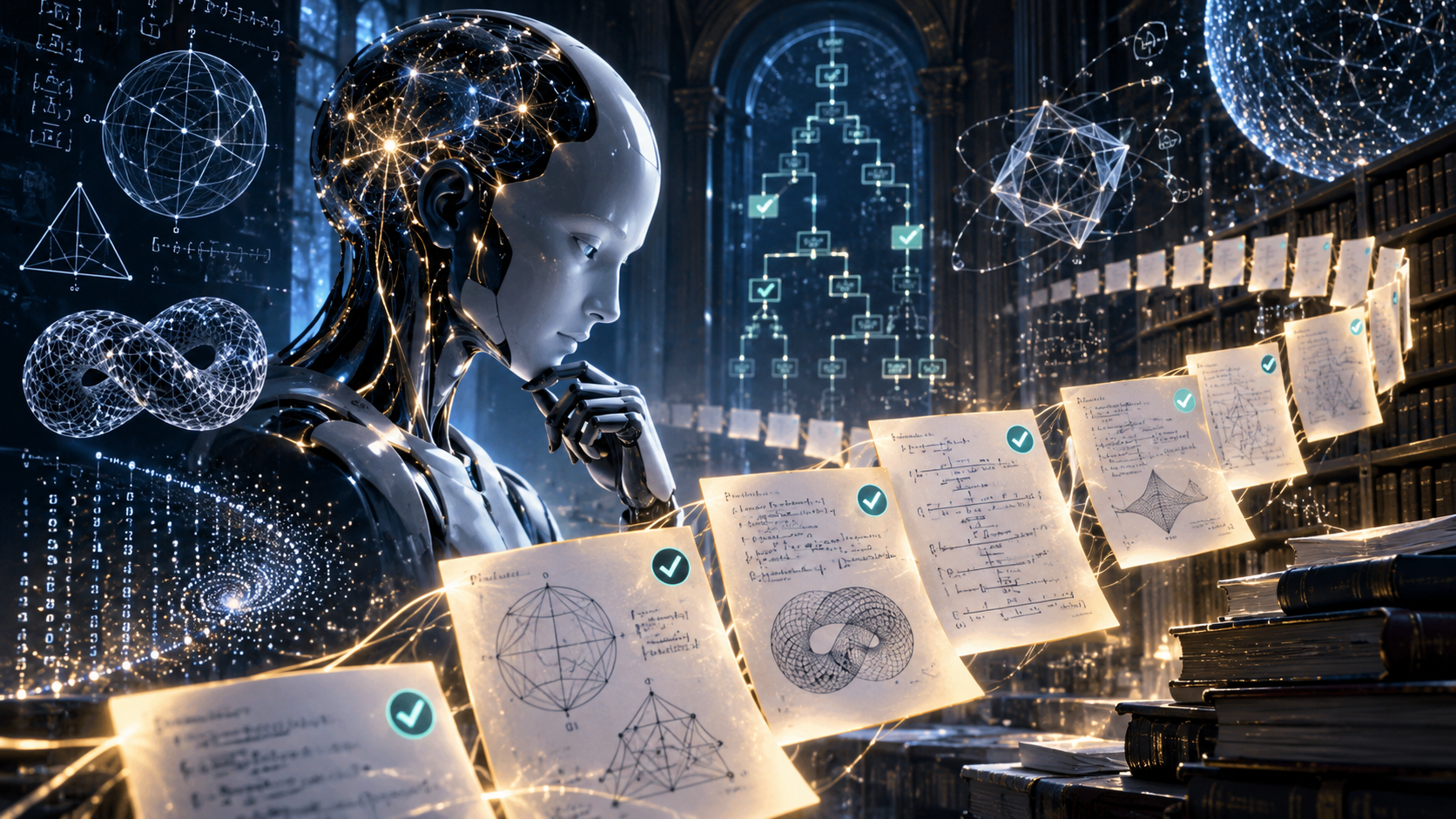 AI mathematician studying geometric diagrams and formally verified mathematical proofs, illustrating OpenAI's 372 families of AI-generated mathematics results